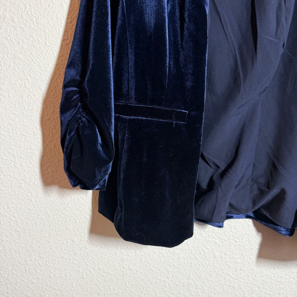 Premise Velvet Blazer Jacket Womens 8 Navy Blue Pockets Long‎ Sleeve Open Front - Picture 7 of 10